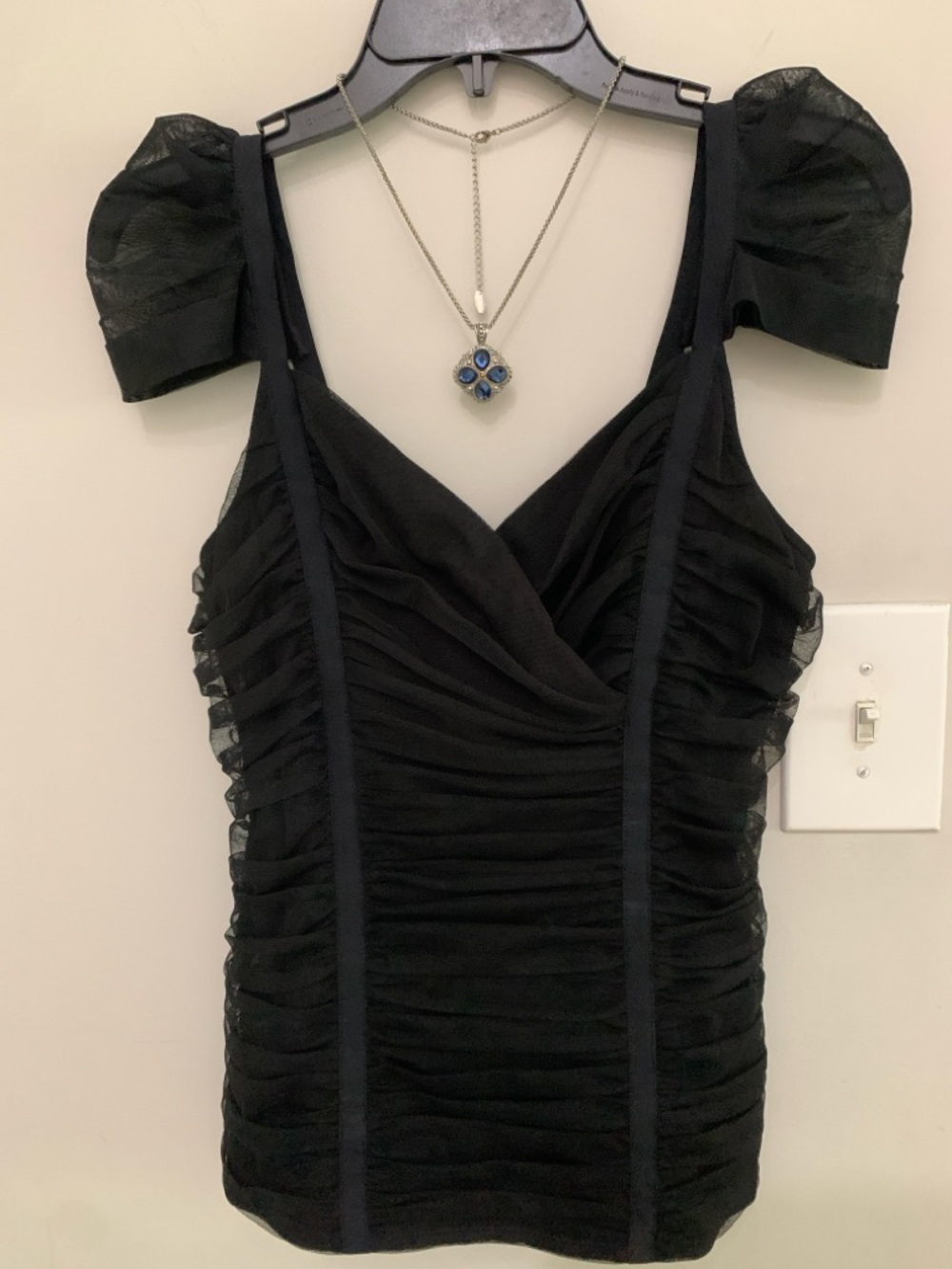 BCBGMAXAZRIA Black Ruched Puff-Sleeve Womens Top Cocktail Evening NWOT Size S